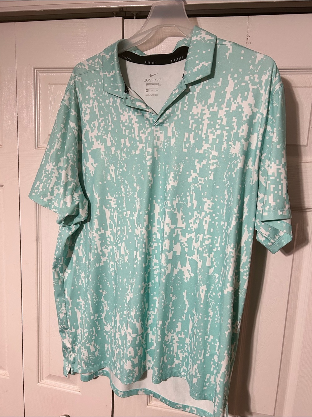 Nike Men's Aqua and White Pixel-Print Dri-FIT Polo